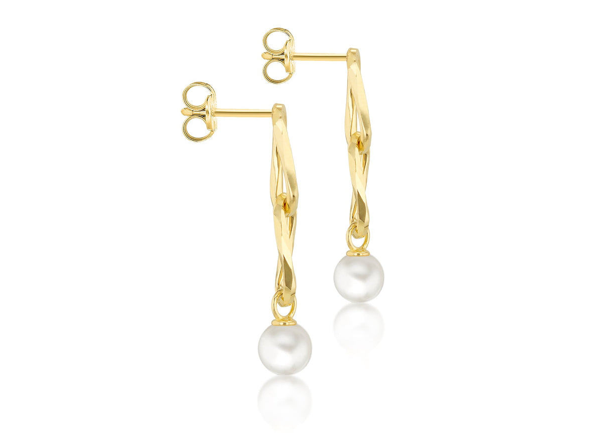 9ct Yellow Gold Double Link Freshwater Pearl Drop Earrings