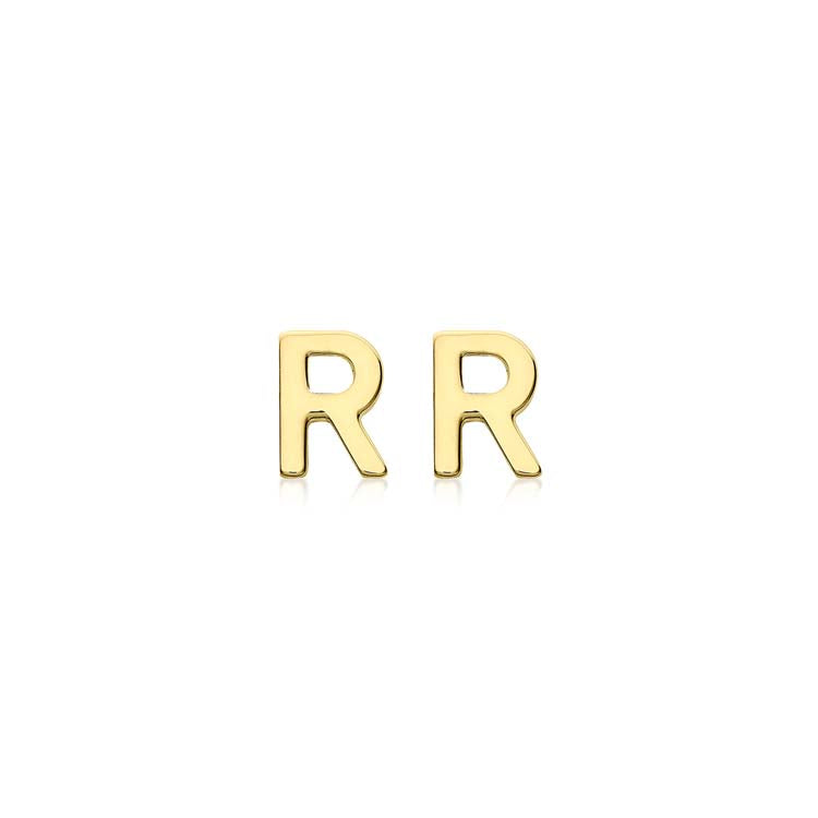 9ct Yellow Gold Mini Initial 'R' Stud Earrings