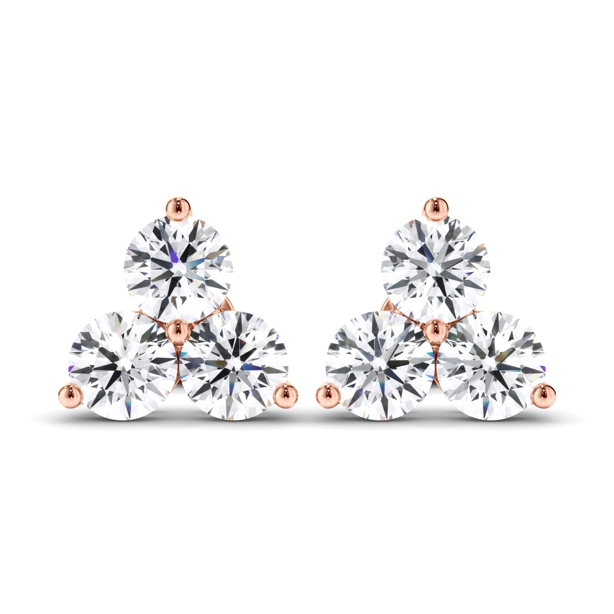 Round Brilliant Cut Diamond 3-Stone Stud Earrings