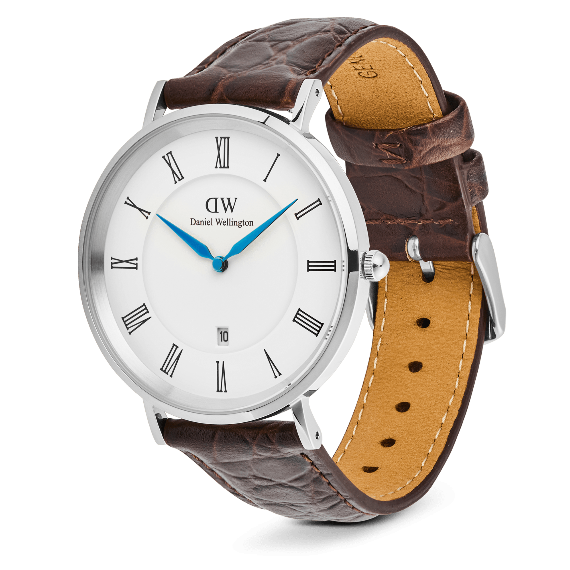 Daniel Wellington Classic Roman Numerals Date Dark Brown Croc Belly Silver