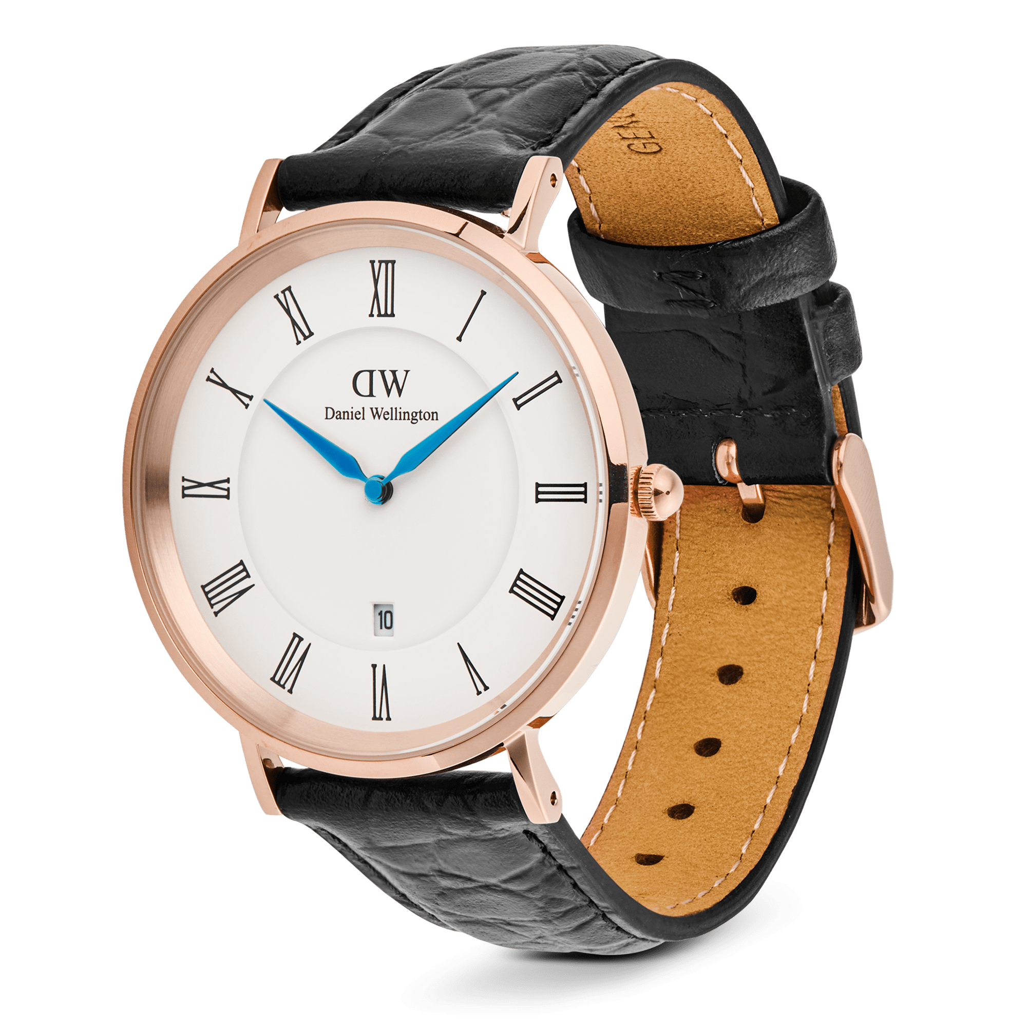 Daniel Wellington Classic Roman Numerals Date Black Croc Belly Rose Gold
