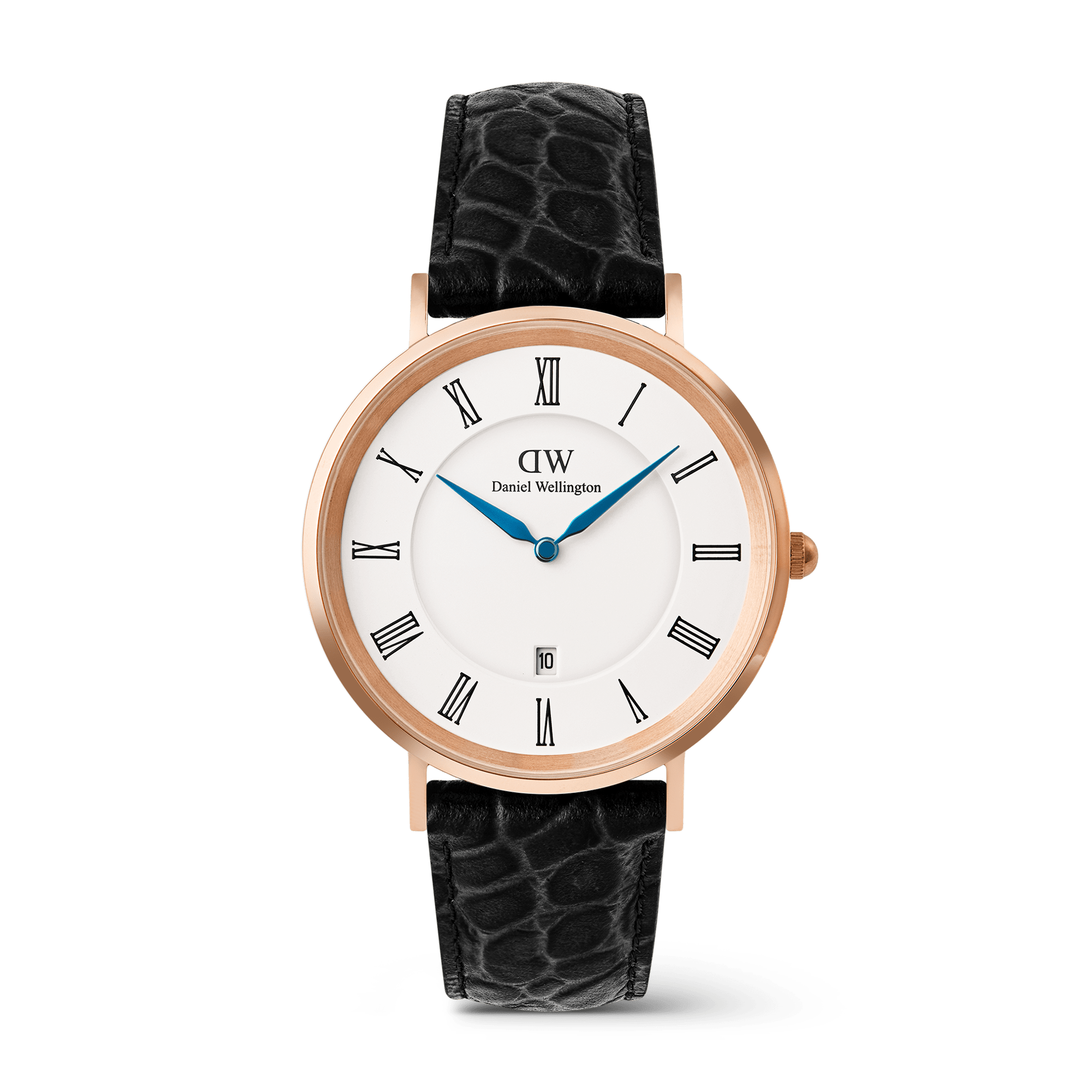 Daniel Wellington Classic Roman Numerals Date Black Croc Belly Rose Gold