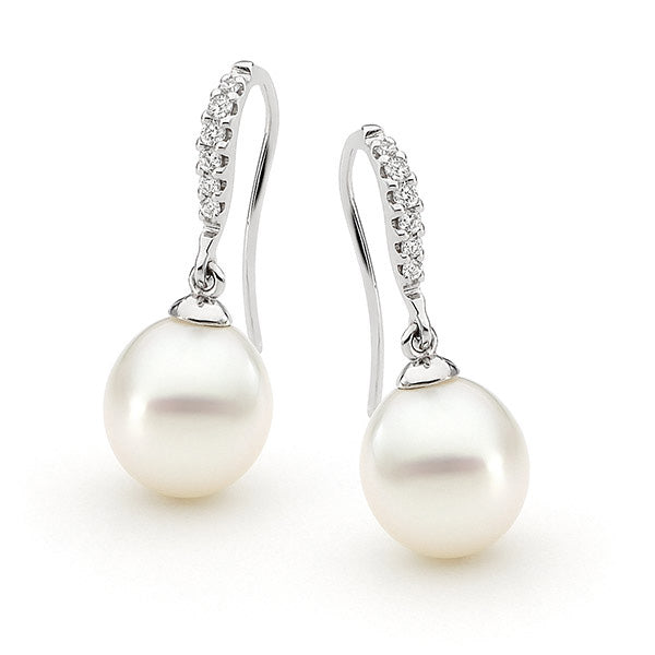 18ct White Gold Diamond & Pearl Drop Earrings