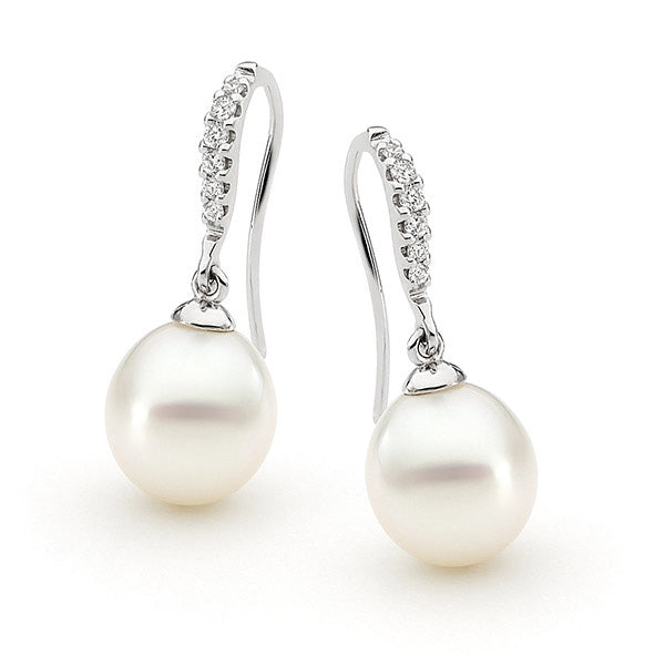 18ct White Gold  Diamond & Pearl Drop Earrings