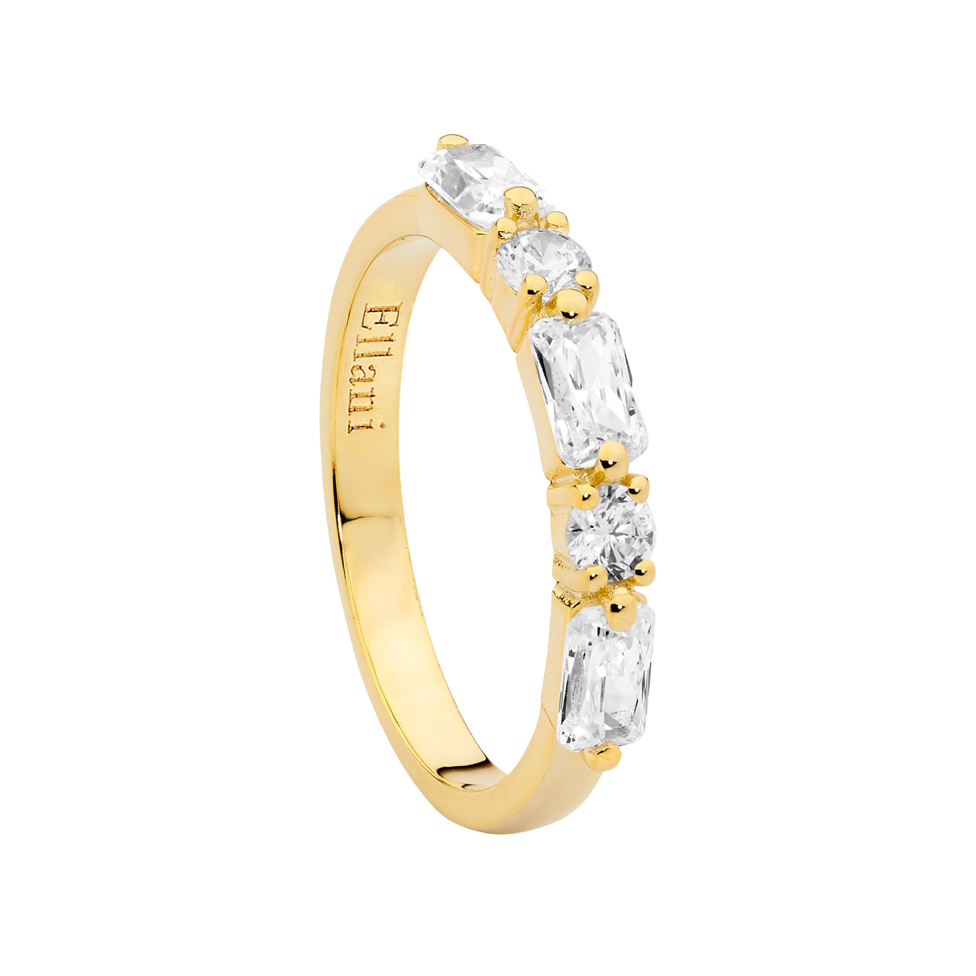 Sterling Silver Cubic Zirconia Round & Baguette Ring With Gold Plating