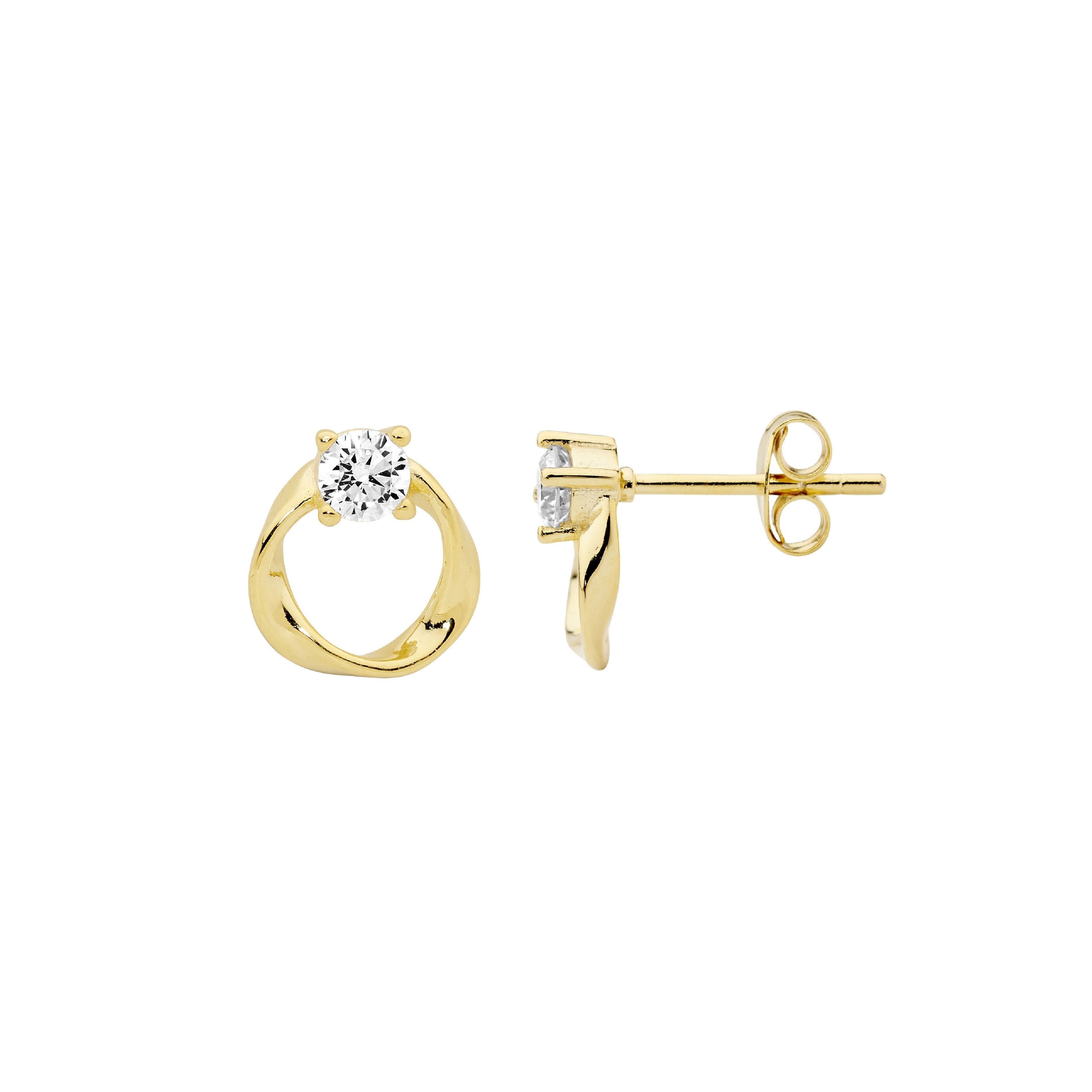 Sterling Silver 9mm Open Circle Twist Earrings With Cubic Zirconia & Gold Plating