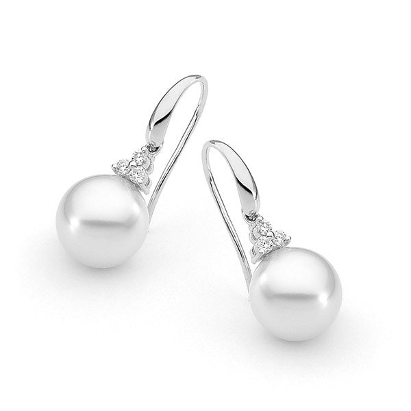 18ct White Gold Diamond & Pearl Drop Earrings