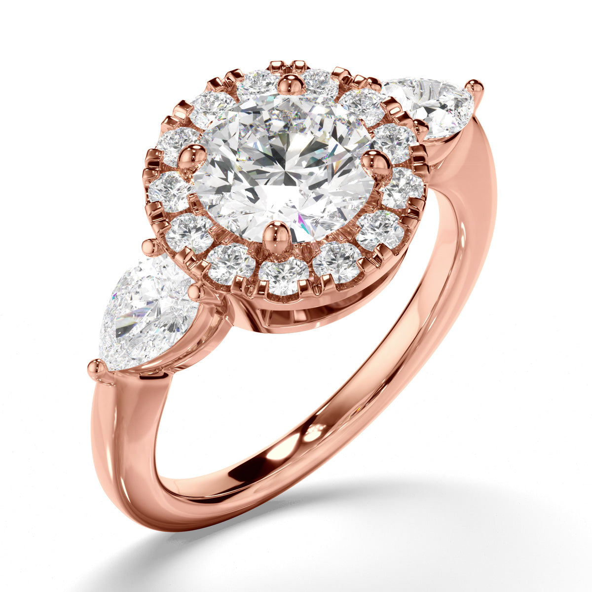 Round Brilliant Cut Diamond Halo Trilogy Engagement Ring with Pear Sides