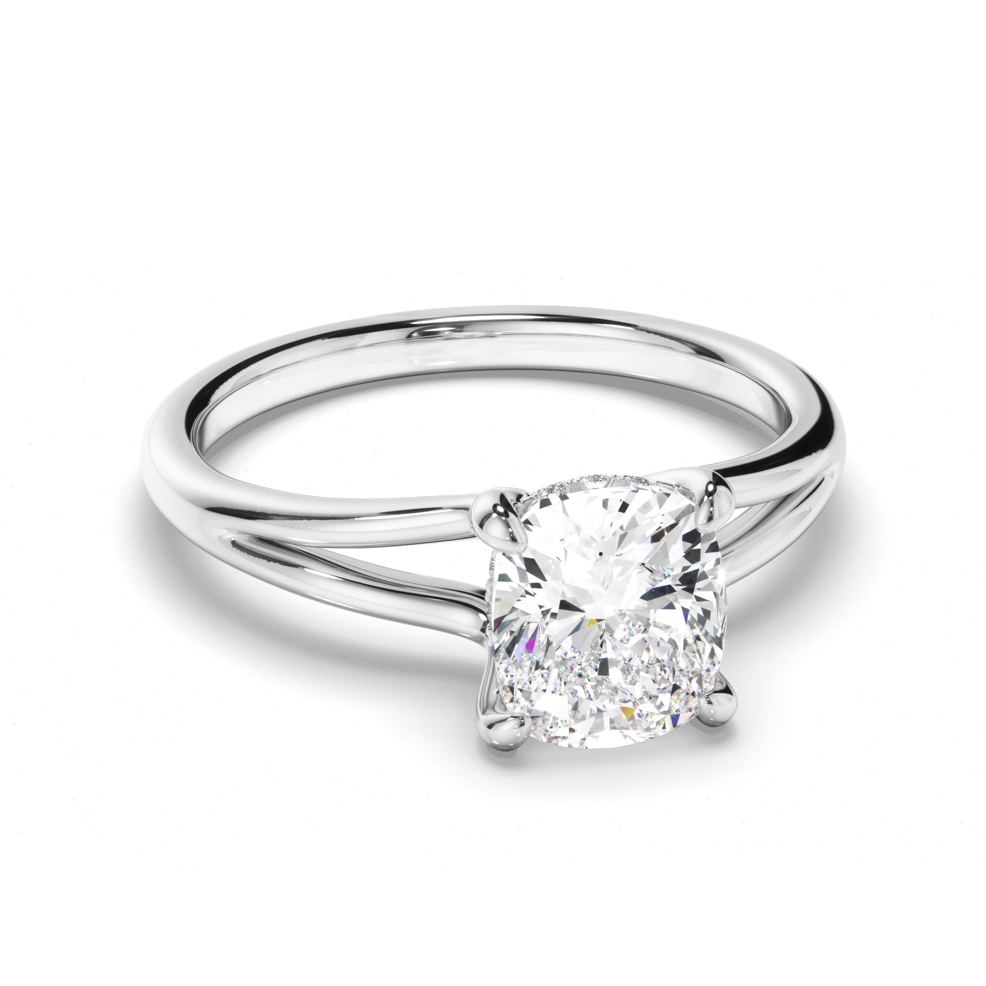 Cushion Cut Diamond Solitaire Hidden Halo Engagement Ring