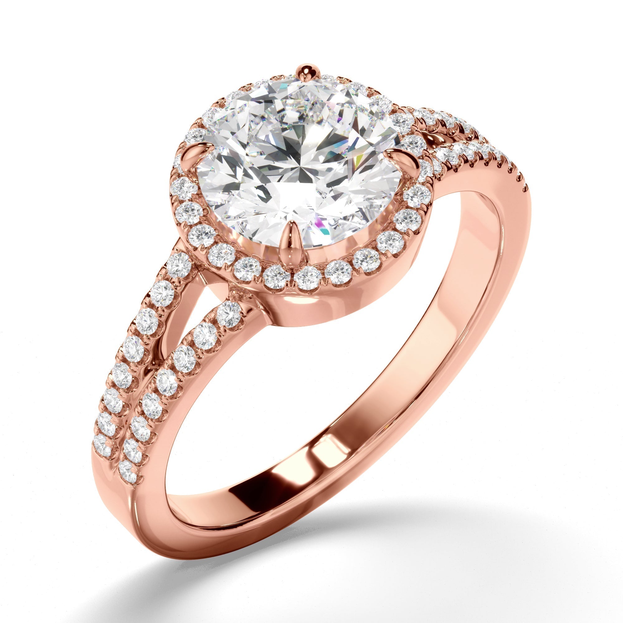 Round Brilliant Cut Diamond Halo Engagement Ring with Pave Sides