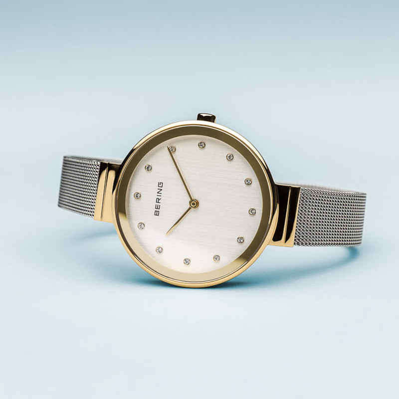 Bering Classic Polished Gold Silver Mesh Watch