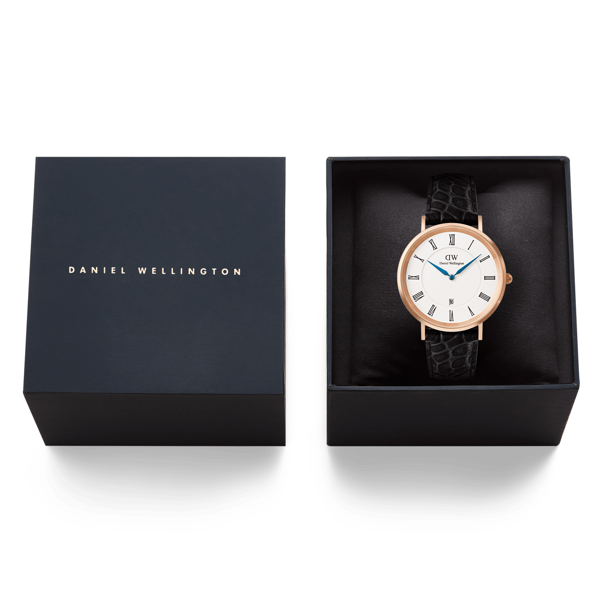 Daniel Wellington Classic Roman Numerals Date Black Croc Belly Rose Gold