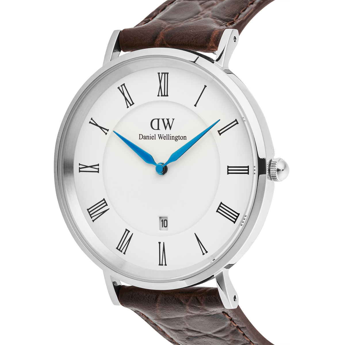 Daniel Wellington Classic Roman Numerals Date Dark Brown Croc Belly Silver