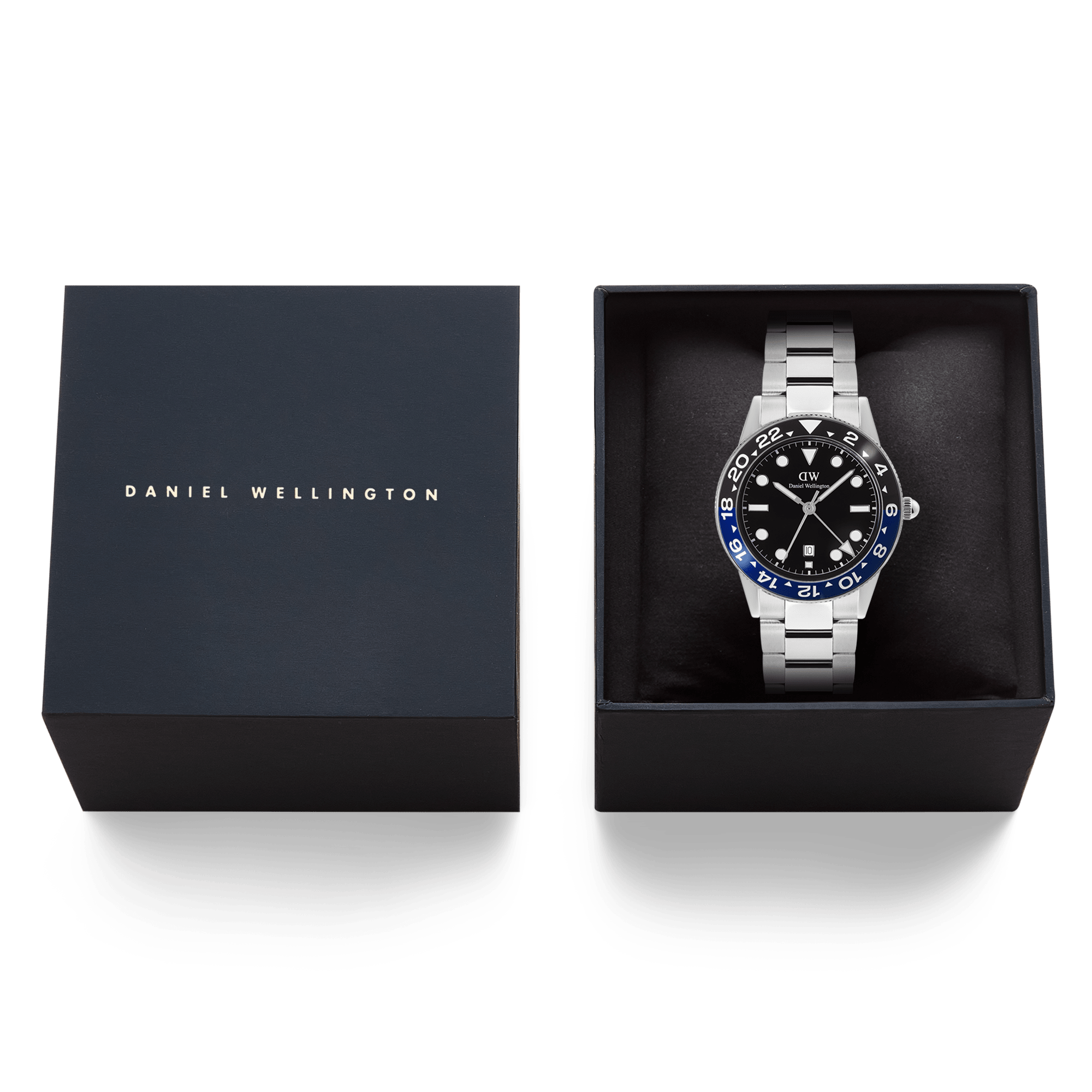 Daniel Wellington Iconic GMT Link Black Blue Ceramic Bezel Silver