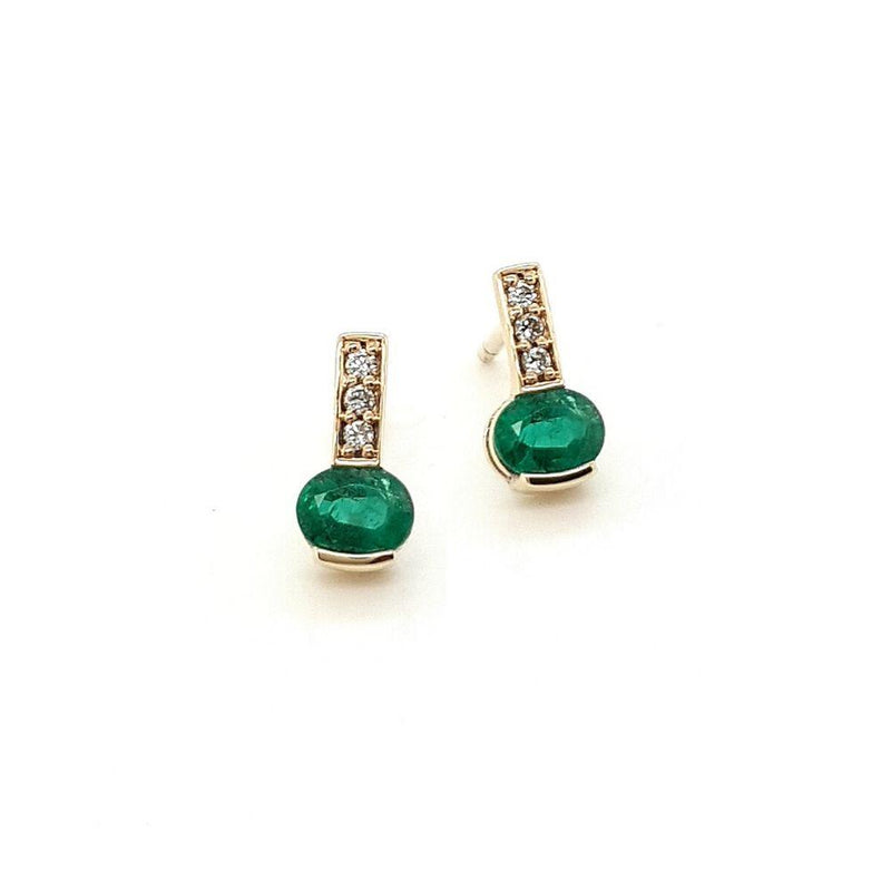 Natural Emerald Oval & Diamond Stud Earring 9ct Yellow Gold