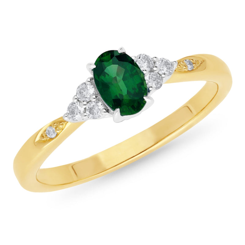 9ct yellow gold created emerald & 0.15ct diamond ring
