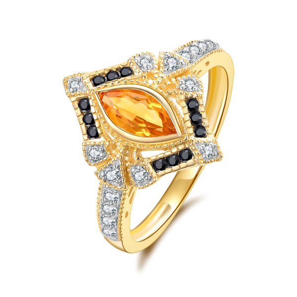 9ct Yellow Gold Citrine, Black Sapphire & Diamond Ring