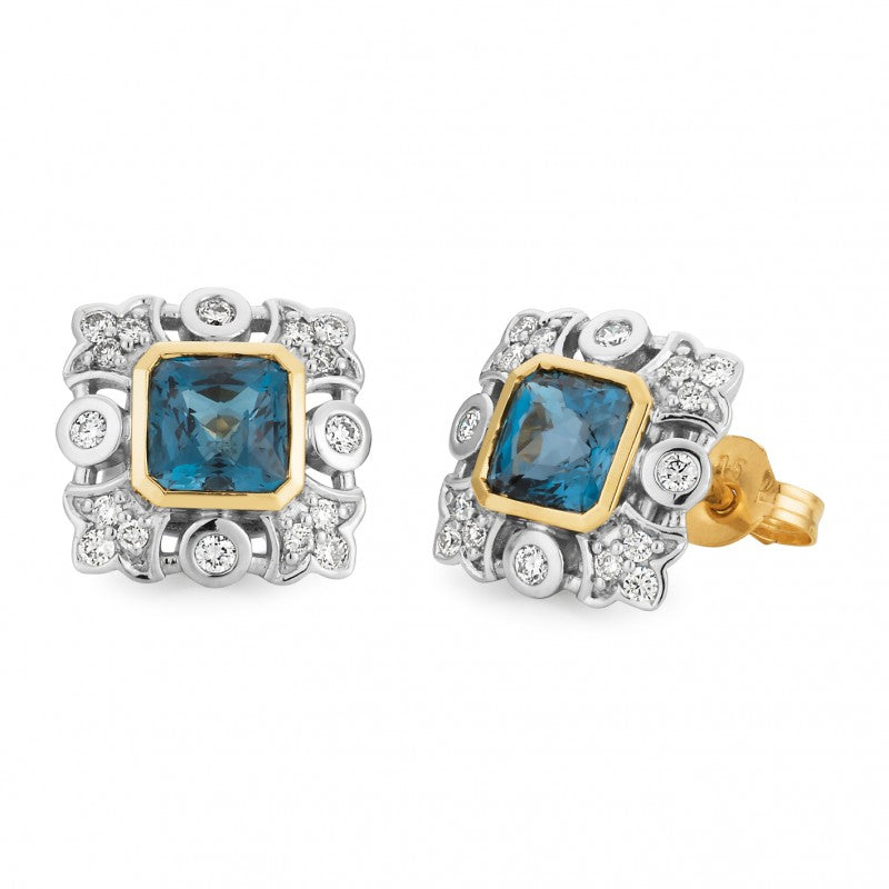 London Blue Topaz & Diamond Bezel-Bead Set Coloured Stone Earrings in 9ct Yellow & White Gold