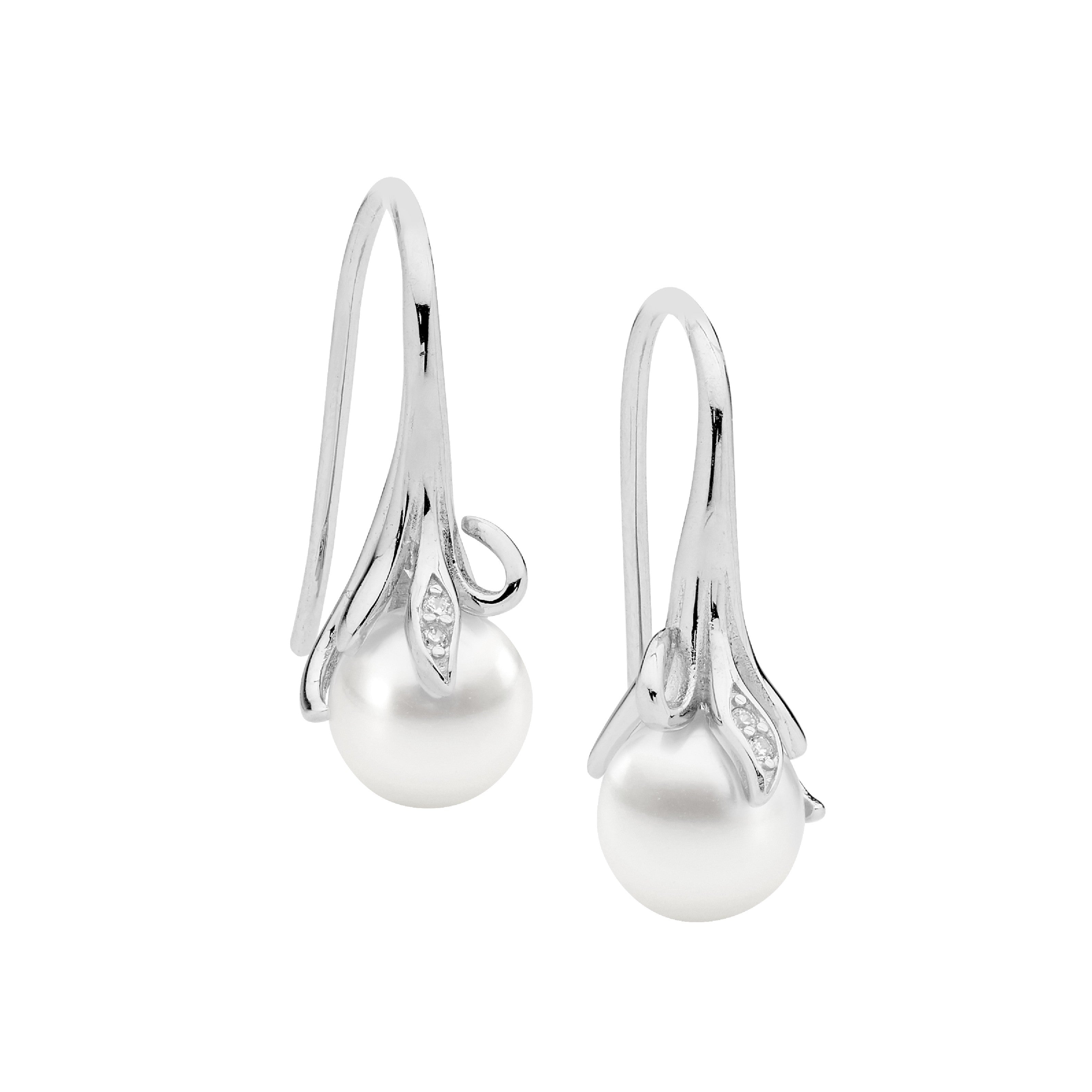 Sterling Silver Cubic Zirconia With Freshwater Pearl Earrings On Shepherds Hook 