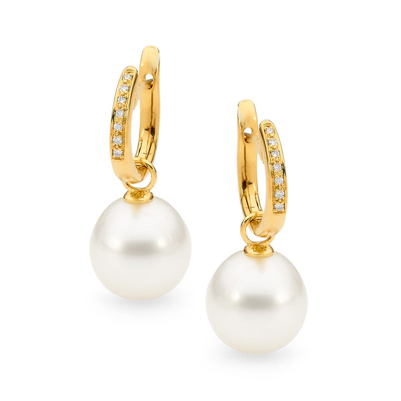 18ct Yellow Gold  Diamond & Pearl Huggie Earrings