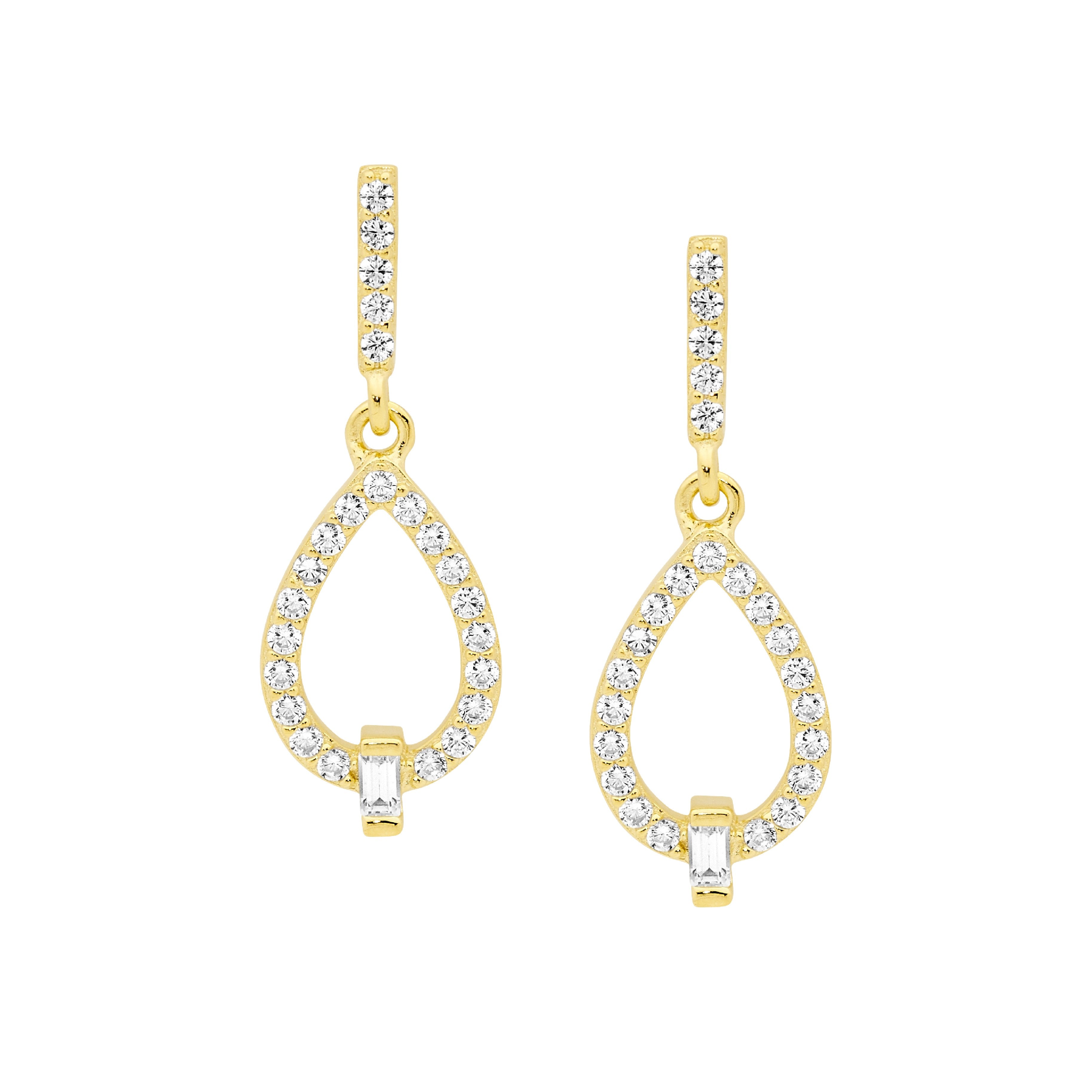 Sterling Silver Cubic Zirconia Open Tear Drop Earrings With Baguette & Gold Plating 