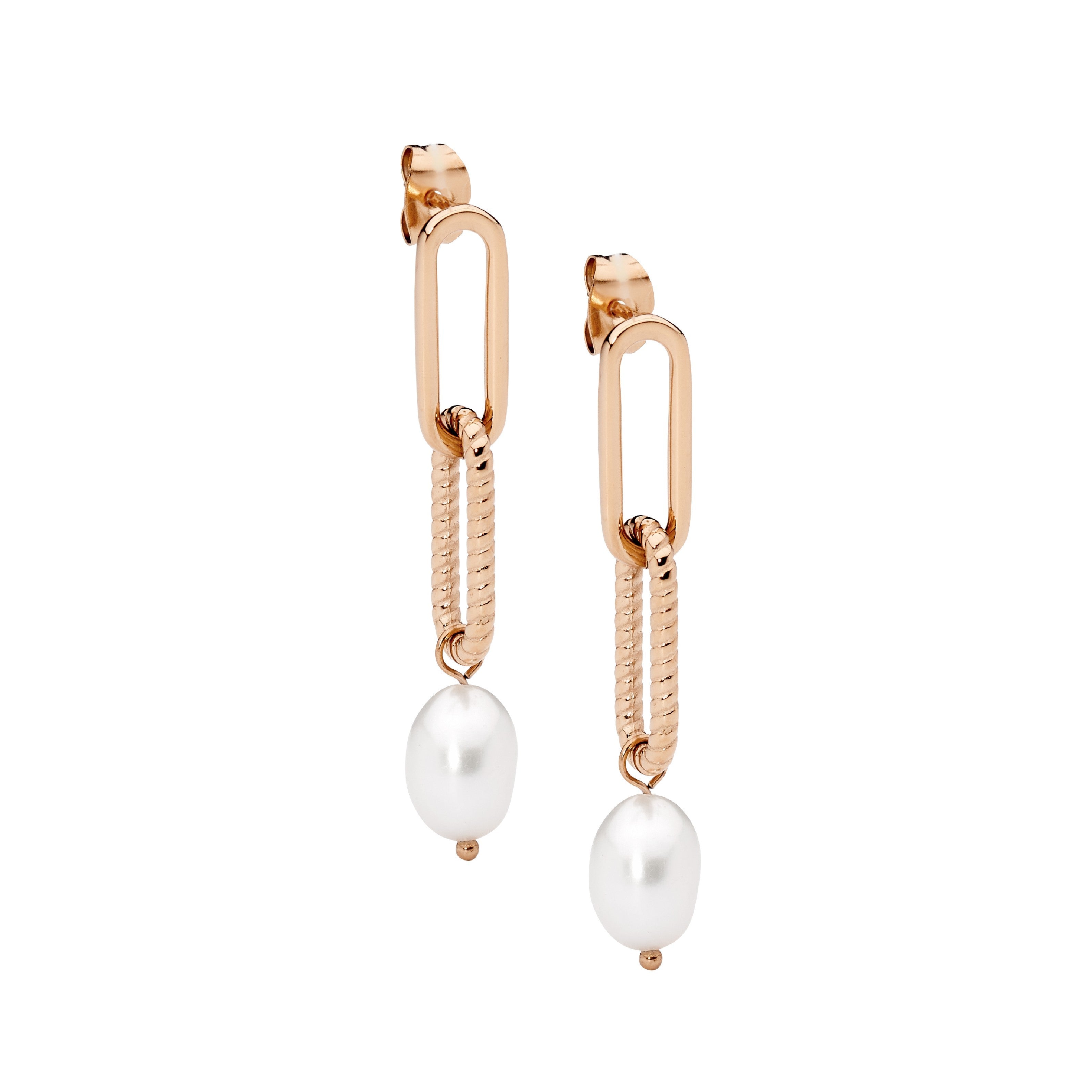 Stainless Steel PaperclIP Earrings With Freshwater Pearl & Rose Gold IP Plating 